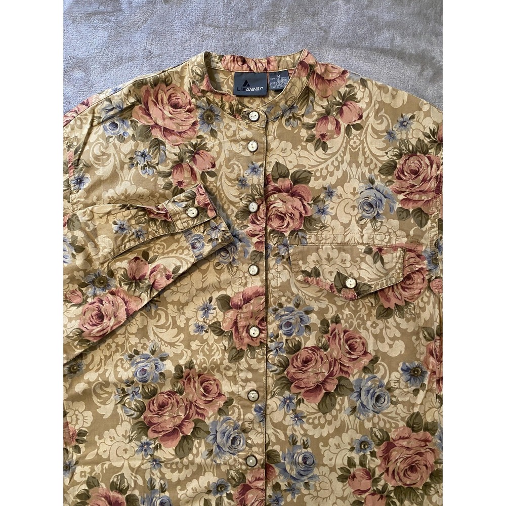 VTG Lizwear Shirt Sz‎ M Beige Floral Pearl Buttons Long Sleeve Cottagecore Boho